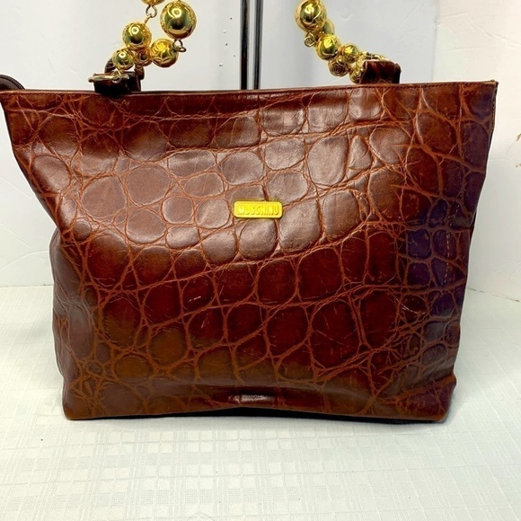 MOSCHINO CROC EMBOSSED LEATHER WITH GOLD TONE BEADS AND LEATHER HYBRID STRAPS - Picture 1 of 10
